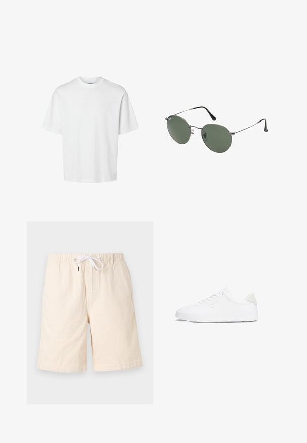 T-shirt bianco in cotone con maniche corte, scollo rotondo e vestibilità rilassata. Texture liscia senza pattern o dettagli visibili.; Pantaloni corti in cotone beige con una vestibilità rilassata, cintura elastica e coulisse bianca. Presentano tasche laterali e una texture liscia.; Sneaker bianco con tomaia in pelle liscia, punta rotonda, suola piatta e design minimalista. Presenta un branding sottile e un accento beige sul tallone.; Occhiali da sole con montatura in metallo e lenti verdi ovali. Montatura sottile in metallo argento e terminali neri. Design minimalista, senza loghi visibili.
