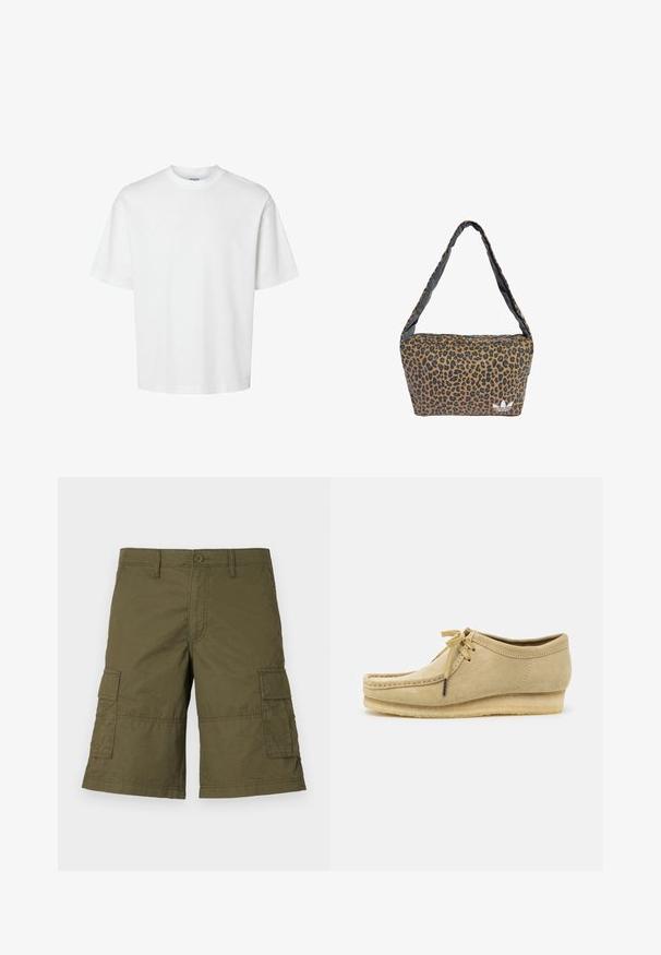 Bijela pamučna majica kratkih rukava, s okruglim izrezom i opuštenim krojem. Glatka tekstura bez vidljivih uzoraka ili ukrasa.; Maslinasto zelene cargo kratke hlače s kopčanjem na dugme, višestrukim bočnim džepovima i ušivanim detaljima. Izrađene od izdržljivog materijala s opuštenim krojem.; Bež sučni cipele s dizajnom s vezicama, šivenim detaljima i gumenenim potplatom. Oblik je ležeran s laganim štiklama.; Torba s uzorkom leoparda koja se ističe mekim materijalom, zaobljenim oblikom i siva trakama u kontrastu; uključuje bijeli logotip kao detalj.