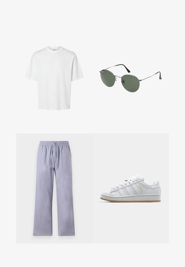 White cotton t-shirt with short sleeves, crew neckline, and a relaxed fit. Smooth texture with no visible patterns or accents.; Light purple, loose-fitting pants with a wide leg, made of soft fabric. Features an elastic waistband and drawstring for adjustable fit.; White sneaker with perforated three-stripe design, textured accents, a rubber sole, and "CAMPUS" logo in gold on the side.; Metal-framed sunglasses with oval green lenses. Thin silver metal frame and black ear tips. Minimalist design, no visible logos.