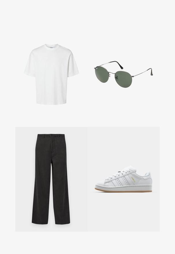 Biała bawełniana koszulka z krótkim rękawem, okrągłym dekoltem i luźnym krojem. Gładka struktura bez widocznych wzorów czy akcentów.; Czarne spodnie z korduroju o szerokim kroju nogawki, z pionowym, prążkowanym wzorem, z zapięciem na zamek błyskawiczny oraz guzikiem, a także z przednimi kieszeniami.; Białe trampki z perforowanym wzorem trzech pasków, teksturowanymi akcentami, gumową podeszwą oraz złotym logiem "CAMPUS" z boku.; Okulary przeciwsłoneczne z metalową ramą i owalnymi zielonymi soczewkami. Cienka srebrna metalowa rama i czarne końcówki zauszników. Minimalistyczny design, bez widocznych logo.