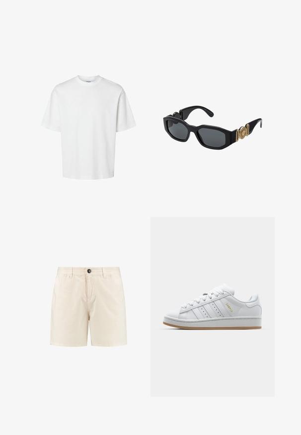 Camiseta blanca de algodón con mangas cortas, escote redondo y un corte relajado. Textura suave sin patrones o acentos visibles.; Pantalones cortos de algodón beige con cierre de botón, cintura elástica y bolsillos laterales. Diseño sencillo con corte recto y sin patrones visibles.; Zapatilla blanca con diseño de tres rayas perforadas, acentos texturizados, suela de goma y el logo "CAMPUS" en dorado en el lateral.; Gafas de sol negras con un arco geométrico grueso, lentes oscuros y acentos de metal dorado en las patillas, que presentan un detalle de emblema redondo.