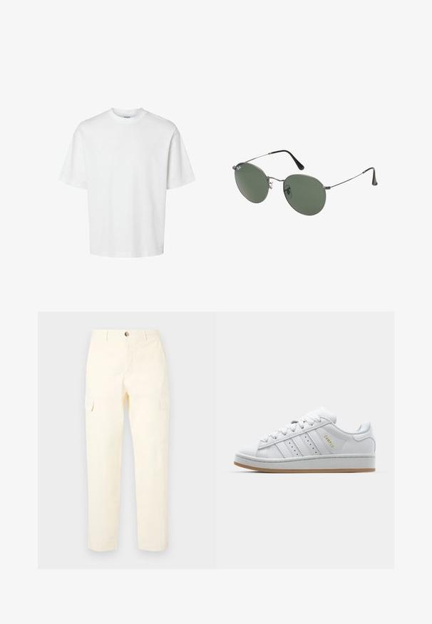 Biała bawełniana koszulka z krótkim rękawem, okrągłym dekoltem i luźnym krojem. Gładka struktura bez widocznych wzorów czy akcentów.; Jasnożółte spodnie cargo wykonane z bawełny, z bocznymi kieszeniami i prostym krojem nogawek, z zapięciem na guzik w pasie.; Białe trampki z perforowanym wzorem trzech pasków, teksturowanymi akcentami, gumową podeszwą oraz złotym logiem "CAMPUS" z boku.; Okulary przeciwsłoneczne z metalową ramą i owalnymi zielonymi soczewkami. Cienka srebrna metalowa rama i czarne końcówki zauszników. Minimalistyczny design, bez widocznych logo.