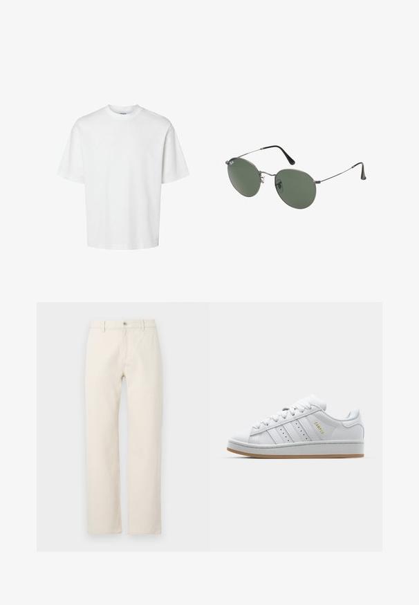 Balta medvilninė marškinė su trumpomis rankovėmis, apvaliu iškirpimu ir laisvu siluetu. Lygus paviršius be matomų raštų ar akcentų.; Kremo spalvos tiesaus kirpimo džinsai, pagaminti iš medvilnės, su mygtuko uždarymu, diržo kilpomis ir paprasta tekstūra be raštų.; Baltos sportbačiai su perforuotu trimis dryželiais, tekstūruotais akcentais, guminiais padais ir auksiniu "CAMPUS" logotipu šone.; Metaliniai akiniai su ovaliais žaliais lęšiais. Plonas sidabro spalvos metalinis rėmas ir juodi ausų laikikliai. Minimalistinis dizainas, be matomų logotipų.