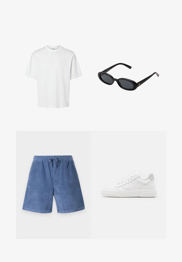 Bijela pamučna majica kratkih rukava, s okruglim izrezom i opuštenim krojem. Glatka tekstura bez vidljivih uzoraka ili ukrasa.; Plave korduroy kratke hlače s elastičnim pojasom i vezicom. Imaju vertikalnu riljavu teksturu i ravni kroj nogavica.; Bijele kožne tenisice s glatkom površinom, okruglim vrhom, ravnim vezicama i strukturiranom potplatom. Sivi antilop naglasak na peti.; Crne velike sunčane naočale s ovalnim staklima, glatkim plastičnim okvirom i zlatnim detaljima na sljepočnicama. Tamna stakla pružaju zaštitu od sunca.