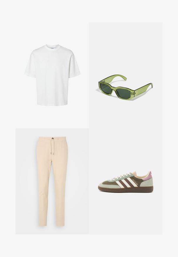 Weißes Baumwoll-T-Shirt mit kurzen Ärmeln, Rundhalsausschnitt und lässigem Schnitt. Glatte Textur ohne sichtbare Muster oder Akzente.; Beige tapered Hosen aus weichem Stoff, mit einem elastischen Bund und Kordelzug sowie einer einzelnen Gesäßtasche. Glatte Textur und dezentes Design.; Wildleder- und Textilsneaker in grün, braun und beige mit drei weißen Streifen. Besitzt einen hellrosa Akzent an der Ferse und eine strukturierte Laufsohle.; Grüne durchsichtige Sonnenbrille mit rechteckigem Rahmen, dunkelgrünen Gläsern und einem Logoakzent an der Seite. Glatte Textur und modernes Design.