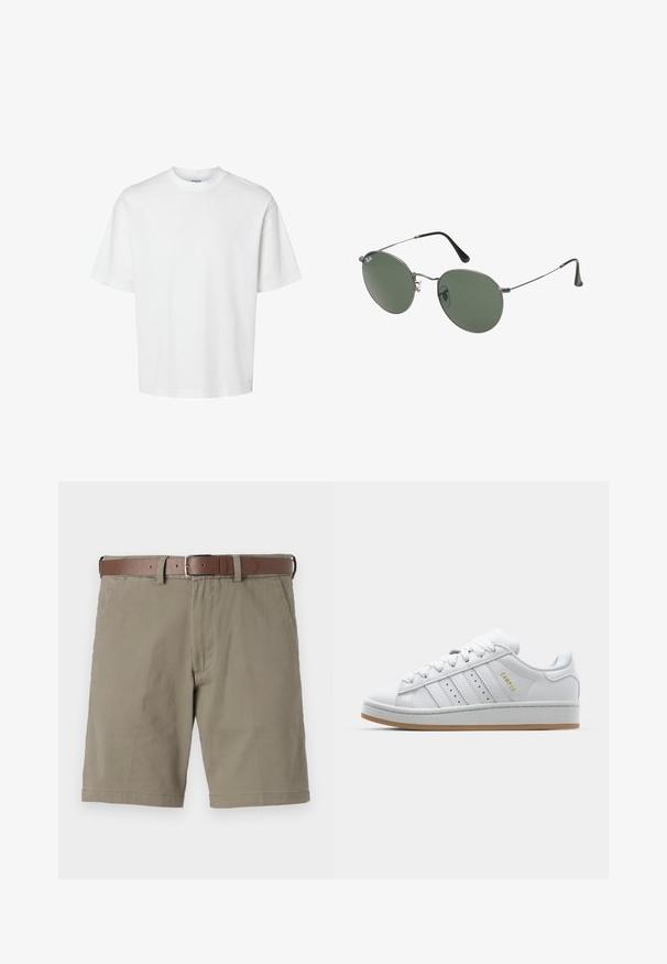 T-shirt en coton blanc à manches courtes, col rond et coupe décontractée. Texture lisse sans motifs ou accents visibles.; Shorts beiges à coupe décontractée, fabriqués en coton. Présentent une ceinture en cuir marron, des poches avant et une finition d'ourlet propre.; Baskets blanches avec un design perforé à trois rayures, des accents texturés, une semelle en caoutchouc et le logo "CAMPUS" en doré sur le côté.; Lunettes de soleil en métal avec des verres ovales verts. Monture en métal argenté mince et embouts d'oreille noirs. Design minimaliste, sans logos visibles.
