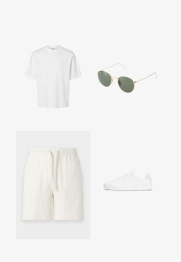 T-shirt en coton blanc à manches courtes, col rond et coupe décontractée. Texture lisse sans motifs ou accents visibles.; Shorts en coton blanc légers, avec une taille élastique et un cordon de serrage, présentant une texture froissée et une coupe décontractée.; Baskets blanches avec une tige en cuir lisse, bout arrondi, semelle plate et design minimaliste. Présente un branding discret et un accent beige au talon.; Lunettes de soleil avec monture en métal doré, verres verts, forme ronde, branches fines et accents en plastique blanc aux extrémités des branches.