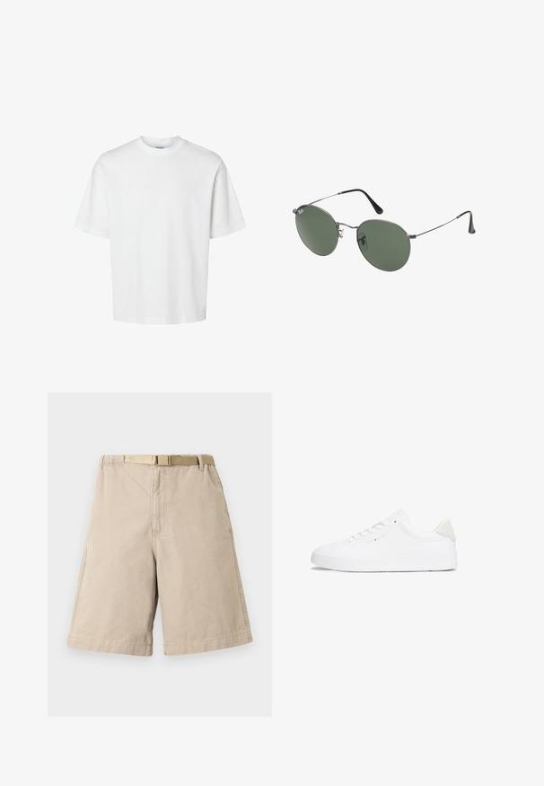 Hvid bomulds T-shirt med korte ærmer, rund halsudskæring og en afslappet pasform. Glat tekstur uden synlige mønstre eller detaljer.; Beige bomuldsshorts med bælte, der har lige skæring, sidelommer og forstærket syning ved sømmene. Glat tekstur hele vejen igennem.; Hvid sneaker med en glat læderoverdel, rund tå, flad sål og minimalistisk design. Har diskret branding og en beige detalje ved hælen.; Metalrammede solbriller med ovale grønne linser. Tynd sølvmetalramme og sorte ørepropper. Minimalistisk design, ingen synlige logoer.