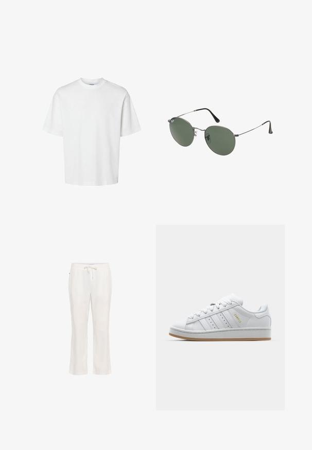 Bijela pamučna majica kratkih rukava, s okruglim izrezom i opuštenim krojem. Glatka tekstura bez vidljivih uzoraka ili ukrasa.; Lagani bijeli laneni hlače s elastičnom trakom i vezicom. Ravni kroj s glatkom teksturom i bez značajnih uzoraka.; Bijele tenisice s perforiranim dizajnom u tri pruge, teksturiranim detaljima, gumeni potplat i zlatni "CAMPUS" logo na strani.; Naočale s metalnim okvirom i ovalnim zelenim staklima. Tanka srebrna metalna konstrukcija i crni silikonski jastučići za uši. Minimalistički dizajn, bez vidljivih logotipa.