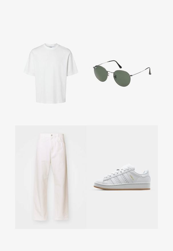 Fehér pamut póló rövid ujjakkal, kerek nyakkivágással és laza szabással. Simább textúra, látható minták vagy kiegészítők nélkül.; Fehér pamut bővérű nadrág gombos záródással, övhurkokkal és két elülső zsebbel. Simító textúra, klasszikus dizájn és egyenes szabás.; Fehér sneaker perforált háromsávos dizájnnal, texturált akcentusokkal, gumitalppal és arany "CAMPUS" logóval az oldalon.; Fémkeretes napszemüveg ovális zöld lencsékkel. Vékony ezüst színű fémkeret és fekete fülrész. Minimalista dizájn, látható logók nélkül.