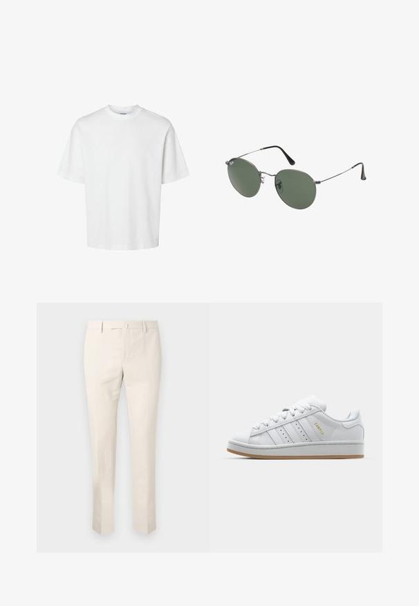 Biele bavlnené tričko s krátkymi rukávmi, okrúhlym výstrihom a voľným strihom. Hladká textura bez viditeľných vzorov alebo akcentov.; Svetlé béžové chinos nohavice vyrobené z bavlny, s plochým predným dielom, pútka na opasok a bočnými vreckami. Design s rovnými nohavicami a hladkou textúrou.; Biele tenisky s perforovaným dizajnom trojprúžku, textúrovanými akcentmi, gumovou podrážkou a zlatým logom "CAMPUS" na boku.; Sunglass s metalovým rámom s oválnymi zelenými šošovkami. Tenký strieborný kovový rám a čierne štuple za uši. Minimalistický dizajn, bez viditeľných log.