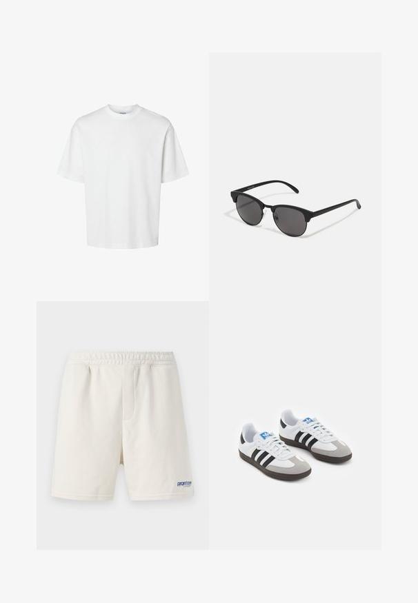 Balta medvilninė marškinė su trumpomis rankovėmis, apvaliu iškirpimu ir laisvu siluetu. Lygus paviršius be matomų raštų ar akcentų.; Kreminės spalvos šortai, pagaminti iš minkštos medvilnės mišinio, su elastinga juostos juosta ir mėlynu logotipu kairėje apačioje.; Sportiniai batai su balta odine viršutine dalimi, pilku zomšiniu priekiu ir trimis juodomis juostelėmis. Ant liežuvio yra mėlynas logotipas, o padas pagamintas iš tekstūruoto gumos.; Juodos saulės akinių su apvaliais lęšiais, matinio paviršiaus ir išskirtinės katės akies formos. Šlauni rankenos su subtilia ženklinimo detale kairėje šventykloje.