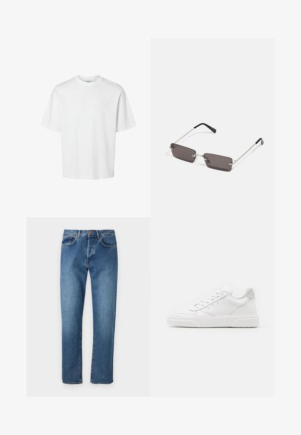 Bela bombažna majica s kratkimi rokavi, okroglo izrezana in udobnega kroja. Gladka tekstura brez vidnih vzorcev ali dekoracij.; Svjetloplave traperice ravnog kroja s pet džepova, kopčanjem na gumb i suptilnim izblijeđenjem sprijeda.; Bele usnjene športne copate z gladkim zaključkom, okroglo konico, ravnimi vezalkami in teksturiranim podplatom. Sivi semiš detajl na peti.; Očala za sonce s pravokotnimi, temno sivimi lečami, srebrnimi kovinskimi okvirji in črnimi plastičnimi konicami na ročajih. Lahka zasnova z nosnimi blazinicami.