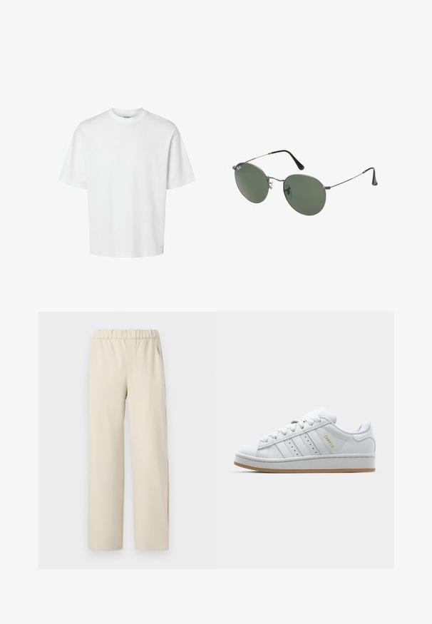 Hvid bomulds T-shirt med korte ærmer, rund halsudskæring og en afslappet pasform. Glat tekstur uden synlige mønstre eller detaljer.; Beige vidde ben bukser med elastisk talje, lavet af blødt stof. Har en glat overflade og ingen synlige mønstre eller hardware.; Hvide sneakers med perforeret tre-stribe-design, teksturerede detaljer, en gummisål og "CAMPUS" logo i guld på siden.; Metalrammede solbriller med ovale grønne linser. Tynd sølvmetalramme og sorte ørepropper. Minimalistisk design, ingen synlige logoer.