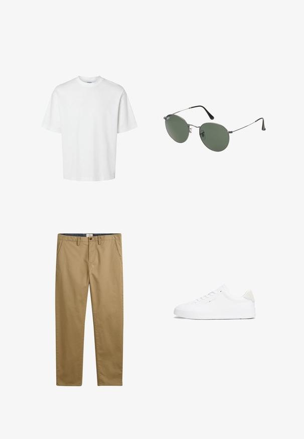 T-shirt en coton blanc à manches courtes, col rond et coupe décontractée. Texture lisse sans motifs ou accents visibles.; Pantalon en coton kaki à coupe droite, doté de poches latérales, d'une fermeture à bouton et d'un tissu texturé.; Baskets blanches avec une tige en cuir lisse, bout arrondi, semelle plate et design minimaliste. Présente un branding discret et un accent beige au talon.; Lunettes de soleil en métal avec des verres ovales verts. Monture en métal argenté mince et embouts d'oreille noirs. Design minimaliste, sans logos visibles.