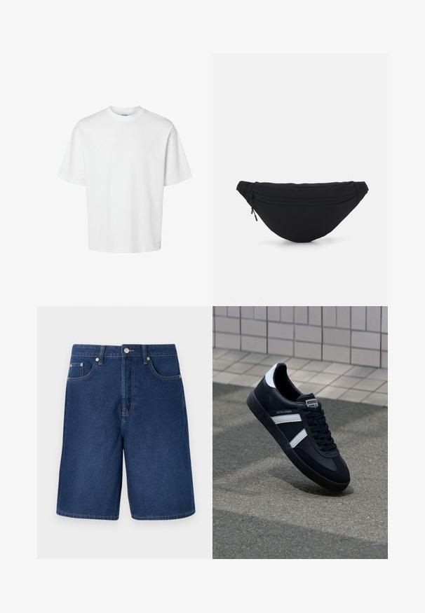Witte katoenen t-shirt met korte mouwen, ronde hals en een relaxed fit. Gladde textuur zonder zichtbare patronen of accenten.; Denim shorts in een donkerblauwe tint met een klassieke snit, voorzien van een vijf-pocket ontwerp en contrasterende stikseldetails.; Zwarte leren sneaker met witte strepen, een gestructureerde rubberen zool en vetersluiting aan de voorkant. Voorzien van een merklabel op de tong.; Zwarte stof heuptas met een afgeronde vorm, voorzak met rits en een gladde textuur. Geen zichtbare patronen of accenten. Lichtgewicht ontwerp.