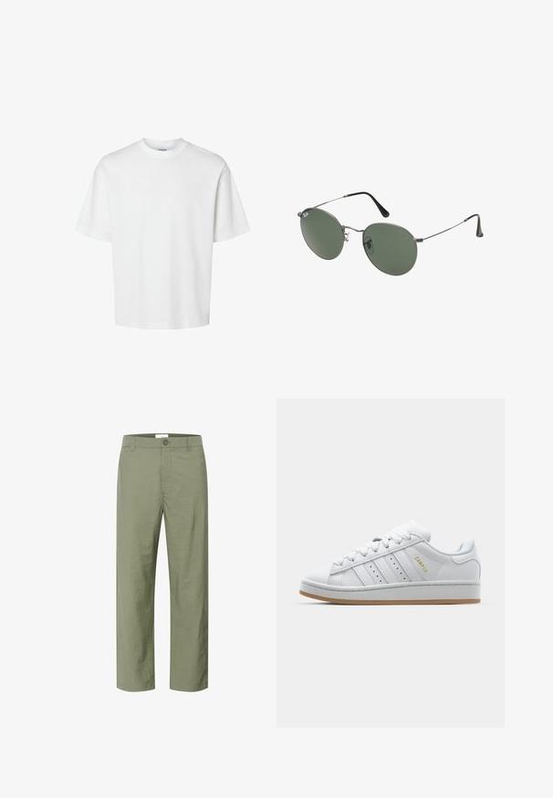 Biała bawełniana koszulka z krótkim rękawem, okrągłym dekoltem i luźnym krojem. Gładka struktura bez widocznych wzorów czy akcentów.; Jasnooliwkowe spodnie wykonane z gładkiego, lekkiego materiału. Posiadają zapięcie na guziki z przodu oraz klasyczny prosty krój nogawki.; Białe trampki z perforowanym wzorem trzech pasków, teksturowanymi akcentami, gumową podeszwą oraz złotym logiem "CAMPUS" z boku.; Okulary przeciwsłoneczne z metalową ramą i owalnymi zielonymi soczewkami. Cienka srebrna metalowa rama i czarne końcówki zauszników. Minimalistyczny design, bez widocznych logo.