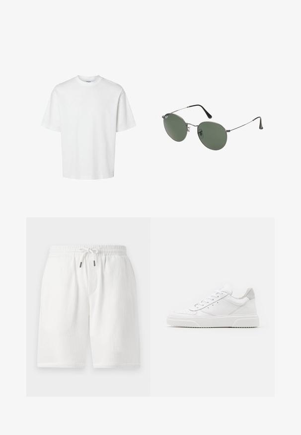 Balta medvilninė marškinė su trumpomis rankovėmis, apvaliu iškirpimu ir laisvu siluetu. Lygus paviršius be matomų raštų ar akcentų.; Balti, tekstūruoti šortai su elastinga juosmeniu, raišteliu, šoninėmis kišenėmis ir laisvu siluetu. Tinkami kasdienei aprangai.; Balti odiniai sportbačiai su lygiu paviršiumi, apvaliu pirštu, plokščiomis raištelėmis ir struktūrizuota padu. Pilko zimšo akcentas ant kulno.; Metaliniai akiniai su ovaliais žaliais lęšiais. Plonas sidabro spalvos metalinis rėmas ir juodi ausų laikikliai. Minimalistinis dizainas, be matomų logotipų.