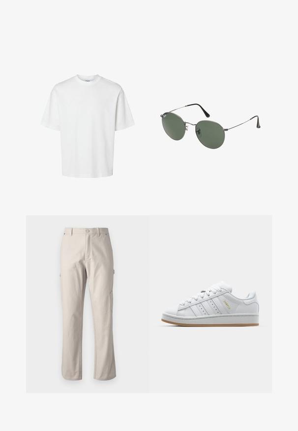 Bílý bavlněný tričko s krátkými rukávy, klasickým kulatým výstřihem a volným střihem. Hladká textura bez viditelných vzorů nebo akcentů.; Béžové cargo kalhoty vyrobené z pevného bavlněného materiálu se rovnými nohavicemi, zapínáním na předním knoflíku a bočními kapsami pro praktičnost. Hladká textura s jemným prošíváním.; Bílé tenisky s perforovaným designem tří pruhů, texturovanými detaily, gumovou podrážkou a zlatým logem "CAMPUS" po straně.; Sluneční brýle s kovovým rámem a oválnými zelenými skly. Tenký stříbrný kovový rám a černé chrániče uší. Minimalistický design, žádné viditelné logo.