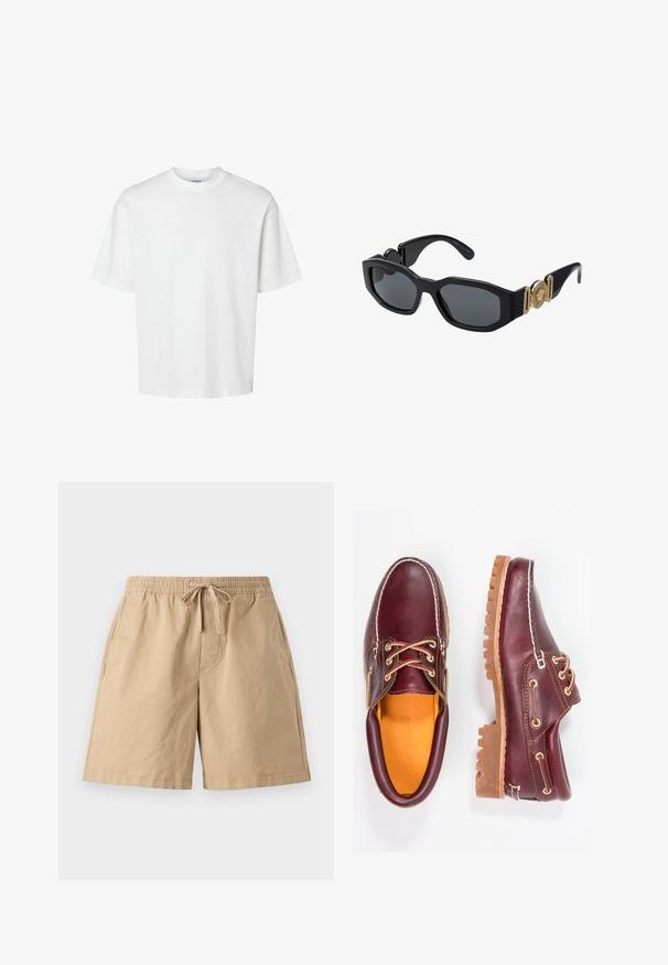 T-shirt bianco in cotone con maniche corte, scollo rotondo e vestibilità rilassata. Texture liscia senza pattern o dettagli visibili.; Shorts beige in cotone con vita elastica e cordoncino regolabile, dotati di tasche laterali e una vestibilità rilassata. Tessuto morbido, lunghi fino al ginocchio.; Scarpe in pelle bordeaux con suole in gomma marrone, punta rotonda, cuciture bianche e occhielli dorati. L'interno presenta un rivestimento giallo.; Occhiali da sole neri con una montatura geometrica spessa, lenti scure e accenti in metallo dorato sulle aste che presentano un dettaglio ad emblema rotondo.