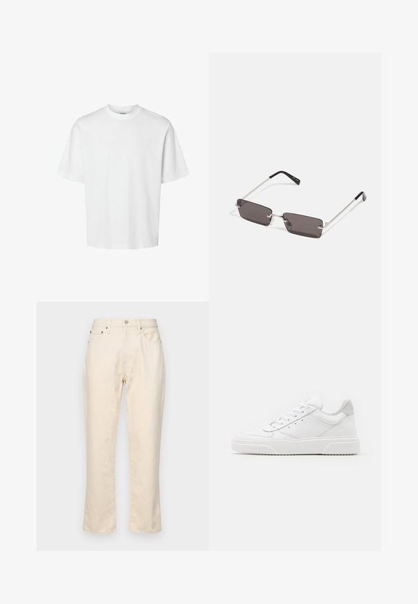 Biele bavlnené tričko s krátkymi rukávmi, okrúhlym výstrihom a voľným strihom. Hladká textura bez viditeľných vzorov alebo akcentov.; Béžové bavlnené nohavice so strihom do rovného nohu. Obsahujú zips, päť vreciek a jemné detaily šitia. Textúrovaný povrch látky.; Biele kožené tenisky s hladkým povrchom, zaoblenou špičkou, plochými šnúrkami a textúrovanou podrážkou. Sivý semišový akcent na päte.; Slnečné okuliare s obdĺžnikovými, tmavosivými sklami, striebornými kovovými rámami a čiernymi plastovými koncami na rúčkach. Ľahký dizajn s nosovými podložkami.