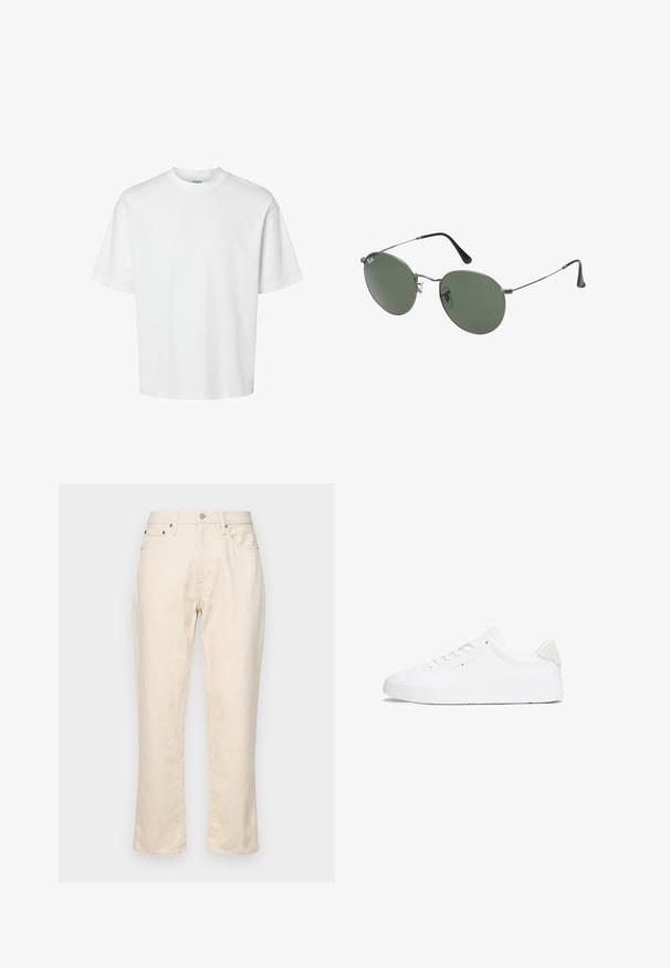 T-shirt en coton blanc à manches courtes, col rond et coupe décontractée. Texture lisse sans motifs ou accents visibles.; Pantalons en coton beige avec une coupe droite. Comprend une fermeture éclair, cinq poches et des détails de couture discrets. Surface en tissu texturé.; Baskets blanches avec une tige en cuir lisse, bout arrondi, semelle plate et design minimaliste. Présente un branding discret et un accent beige au talon.; Lunettes de soleil en métal avec des verres ovales verts. Monture en métal argenté mince et embouts d'oreille noirs. Design minimaliste, sans logos visibles.