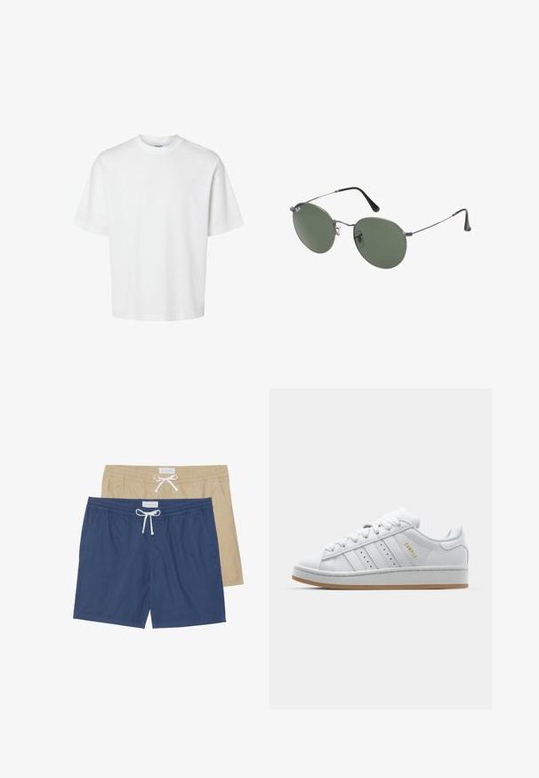 White cotton t-shirt with short sleeves, crew neckline, and a relaxed fit. Smooth texture with no visible patterns or accents.; Two pairs of swim shorts: one navy blue and one khaki, featuring elastic waistbands, drawstring details, and side pockets.; White sneaker with perforated three-stripe design, textured accents, a rubber sole, and "CAMPUS" logo in gold on the side.; Metal-framed sunglasses with oval green lenses. Thin silver metal frame and black ear tips. Minimalist design, no visible logos.