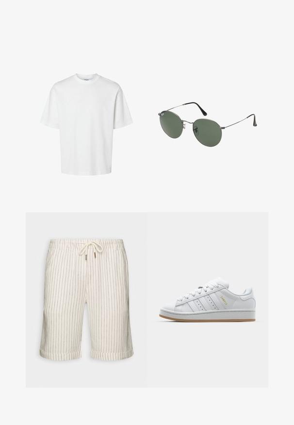 White cotton t-shirt with short sleeves, crew neckline, and a relaxed fit. Smooth texture with no visible patterns or accents.; Linen blend shorts in light beige with subtle vertical brown stripes. Features an elastic waistband with drawstring and rolled hems.; White sneaker with perforated three-stripe design, textured accents, a rubber sole, and "CAMPUS" logo in gold on the side.; Metal-framed sunglasses with oval green lenses. Thin silver metal frame and black ear tips. Minimalist design, no visible logos.
