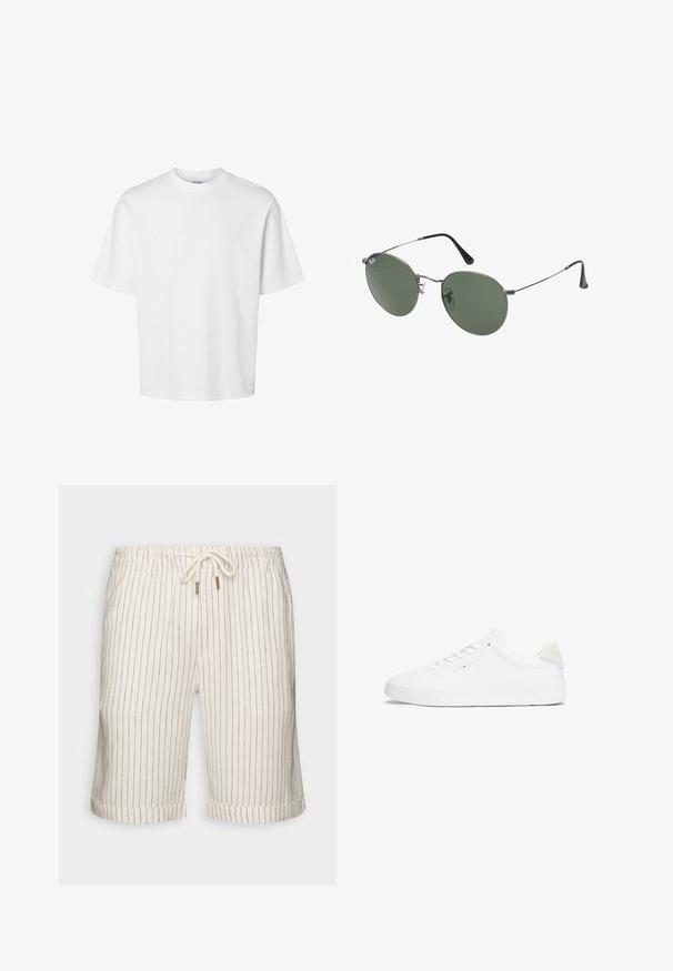 Camiseta blanca de algodón con mangas cortas, escote redondo y un corte relajado. Textura suave sin patrones o acentos visibles.; Shorts de mezcla de lino en beige claro con sutiles rayas verticales marrones. Cuenta con una cinturilla elástica con cordón y dobladillos enrollados.; Zapatilla blanca con parte superior de cuero liso, punta redonda, suela plana y diseño minimalista. Presenta un logotipo sutil y un acento beige en el talón.; Gafas de sol con marco de metal y lentes ovalados verdes. Marco delgado de metal plateado y puntas de las orejas negras. Diseño minimalista, sin logotipos visibles.