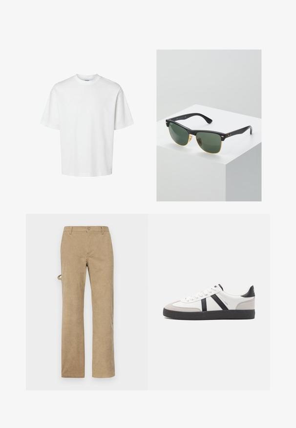 Balts kokvilnas T-krekls ar īsām piedurknēm, apaļu kakla izgriezumu un brīvu piegriezumu. Gluda tekstūra bez redzamām rakstu vai akcentu detaļām.; Beige krāsu korduroja bikses ar taisnu piegriezumu, ar priekšējo pogu aizdari un jostas cilpām. Strukturēta auduma ar vertikālām svītrām.; Baltas sneakeris ar melniem un pelēkiem akcentiem, kuram ir teksturēts pelēks purngals, melna gumijas zole un plakanas baltas šņores. Tīrs dizains, minimālisma stils.; Ray-Ban saulesbrilles ar zaļiem stikliem, melniem plastmasas rāmiem un zelta akcentiem malās. Kvadrāta forma ar matētu apdari.