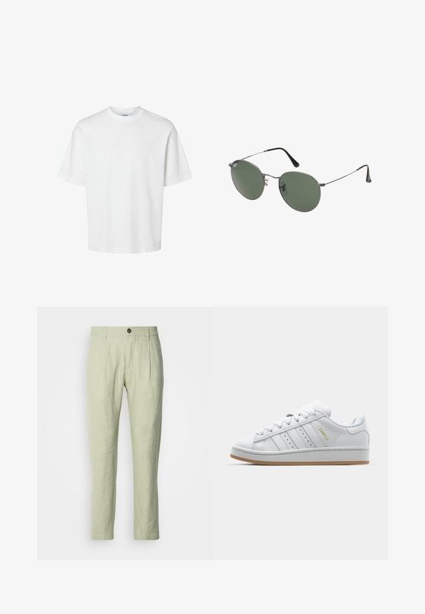 Weißes Baumwoll-T-Shirt mit kurzen Ärmeln, Rundhalsausschnitt und lässigem Schnitt. Glatte Textur ohne sichtbare Muster oder Akzente.; Hellgrüne Leinenhose mit geradem Schnitt, ausgestattet mit einem Frontknopfverschluss, zwei Fronttaschen und einer glatten Textur.; Weiße Sneaker mit durchbrochenem Drei-Streifen-Design, strukturierten Akzenten, einer Gummisohle und dem goldenen "CAMPUS"-Logo an der Seite.; Metallgestellte Sonnenbrille mit ovalen grünen Gläsern. Dünner silberner Metallrahmen und schwarze Ohrstücke. Minimalistisches Design, keine sichtbaren Logos.