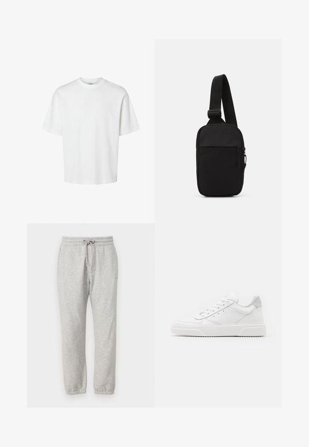 White cotton t-shirt with short sleeves, crew neckline, and a relaxed fit. Smooth texture with no visible patterns or accents.; Hollister Co. Relaxed Fleece Logo Joggers - Tracksuit bottoms - grey; White leather sneakers with a smooth finish, rounded toe, flat laces, and a textured sole. Grey suede accent at the heel.; Black crossbody bag made of durable fabric, featuring a single adjustable strap, a zippered main compartment, and a front pocket.