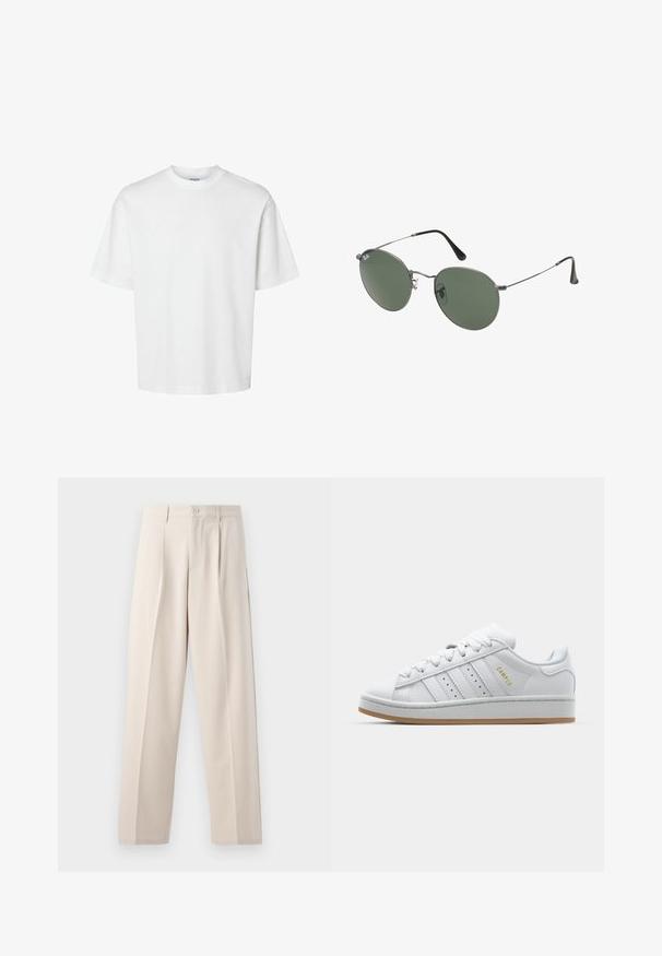 Valge puuvillane t-särk lühikeste varrukatega, ümmarguse kaelusega ja lõdva lõikega. Sile tekstuur, ilma nähtavate mustrite või aktsentideta.; Kreemikas laiad püksid, mis on valmistatud siledast kangast, millel on ees volditud detail, ühe nupuga kinnitamine ja puhas serv.; Valge tenniseking, millel on perforeeritud kolmerealine disain, tekstureeritud aktsendid, kummist talla ja külgedel kuldne "CAMPUS" logo.; Metallist raamistikuga prillid ovaalsete roheliste läätsedega. Õhuke hõbedane metallraam ja mustad kõrvakatted. Minimalistlik disain, nähtavad logod puuduvad.