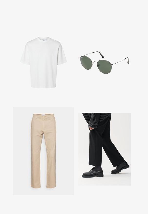 Fehér pamut póló rövid ujjakkal, kerek nyakkivágással és laza szabással. Simább textúra, látható minták vagy kiegészítők nélkül.; Beige színű pamut nadrág, egyenes lábú dizájnnal, gombos záródással, övhurkokkal és oldalsó zsebekkel. Sima textúra.; Fekete bőr cipők kerek orral, fűzős kialakítással és vastag, texturált talppal. Öltönyös fekete nadrággal és bordázott pulóverrel viselve.; Fémkeretes napszemüveg ovális zöld lencsékkel. Vékony ezüst színű fémkeret és fekete fülrész. Minimalista dizájn, látható logók nélkül.