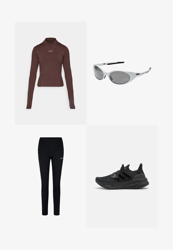 Brązowa, dopasowana koszulka z długim rękawem i golfem, z małym białym logo "Salomon" umieszczonym na środku klatki piersiowej na białym tle.; Czarne legginsy wykonane z elastycznej tkaniny, z wysokim stanem i małym logo na lewej udzie, zaprojektowane z myślą o komforcie i swobodzie ruchów.; Czarne buty sportowe z przewiewną jedwabiście górną częścią, teksturowanym wzorem, charakterystycznymi trzema paskami oraz grubą, amortyzującą podeszwą oznaczoną "LIGHT BOOST".; Białe plastikowe okulary przeciwsłoneczne z dużymi owalnymi soczewkami o szarym zabarwieniu. Posiadają czarne wkładki na uszy oraz małe logo na ramce. Gładkie wykończenie.; Salomon UNISEX czarny; Czarne rękawice wykonane z teksturowanej tkaniny, z segmentacją palców i dotykowym końcówką palca. Logo "SALOMON" w białym kolorze po boku.