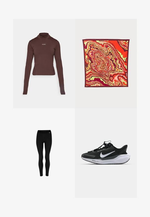 Hnědý dlouhý rukáv přiléhavý rolák s malým bílým logem "Salomon" umístěným uprostřed hrudi na bílém pozadí.; Černé legíny z elastické látky, s vysokým pasem a hladkým povrchem. Bez vzorů; jednoduchý a přiléhavý design.; Černé sportovní boty s texturovaným svrškem, kontrastním bílým logem a polstrovanou bílou podrážkou. Obsahují systém rychlého šněrování pro snadné obouvání.; Hedvábný čtvercový šátek s živým abstraktním vzorem v červené, růžové a zelené barvě, lemovaný tmavě vínovým okrajem.