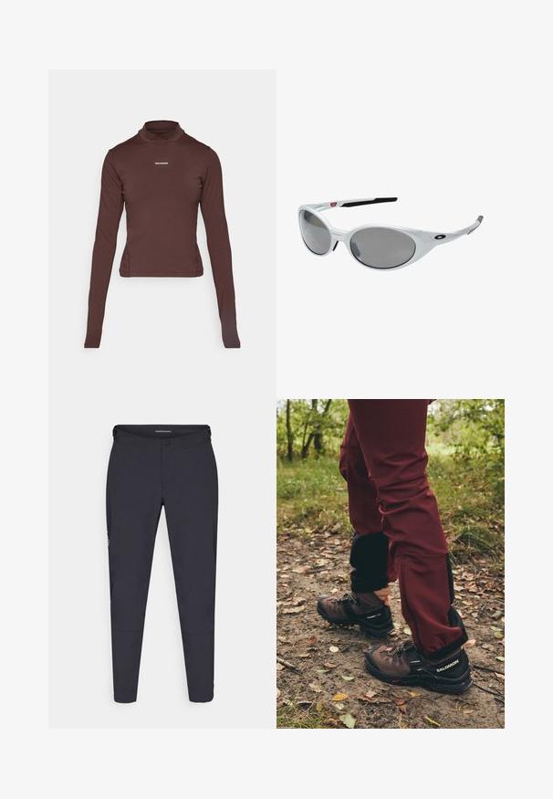 Ruskea pitkähihaisuus tiukasti istuva poolopaita, jossa on pieni valkoinen "Salomon" -logo keskiössä rinnassa valkoista taustaa vasten.; Tummanharmaat vaellushousut, jotka on valmistettu venyvästä kankaasta. Ominaisuuksiin kuuluvat vetoketjusulku, nappikiinnitys ja kapeat nilkat. Mukana logo-tyyli sivussa.; Ruskeat vaelluskengät mustilla yksityiskohdilla ja karkeilla pohjilla, yhdistettynä viininpunaisiin vedenpitäviin housuihin, joissa on mustat sivupaneelit ja vetoketjut.; Valkoiset muoviset aurinkolasit suurilla soikeilla linsseillä, harmaasävyiset. Varusteena mustat korvavarret ja pieni logo kehyksessä. Sileä pinta.; Salomon ACTIVE SKIN 12 SET UNISEX - Juomareppu - black; Mustat hanskat, jotka on valmistettu teksturoidusta kankaasta, sisältävät sormisegmentoinnin ja kosketusherkän sormenpään. "SALOMON"-logo valkoisena sivussa.