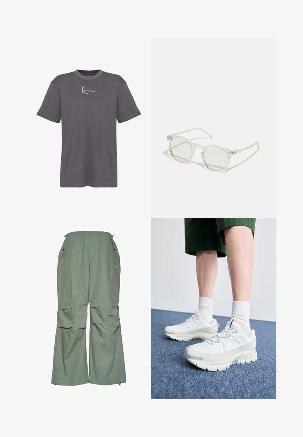 Harmaan puuvillapaita, jossa on pyöreä kaulus, lyhyet hihat ja valkoinen allekirjoituslogo rinnassa. Sujuva pinta ja rento istuvuus.; Vaaleanvihreät, löysät cargo-housut, joissa on nyöritettävä vyötärö, sivutaskut ja leveät lahkeet. Valmistettu kevyestä kankaasta, jossa on rutistettu tekstuuri.; Valkoiset urheilukengät, joissa on tekstuuriset päällysteet, paksu pohja ja harmaat yksityiskohdat. Yhdistetty valkoisiin putkisukkiin ja vihreisiin shortseihin sinisellä pinnalla.; Pyöreät aurinkolasit, joissa on läpinäkyvä kehys, vaalean vihreät linssit ja ohuet, kirkkaat saranaosat. Kehyksessä on hienovaraisia metallisosia.
