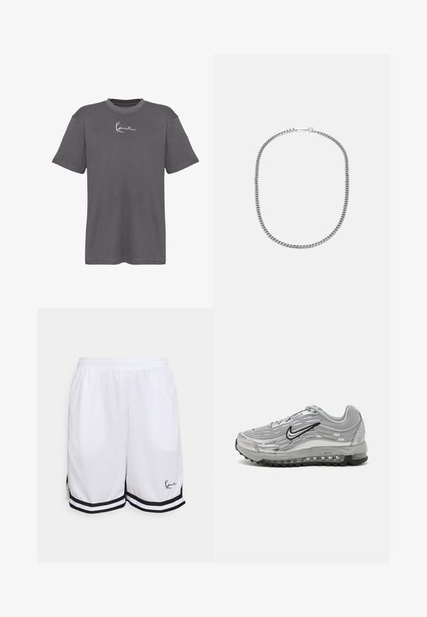 Gray cotton T-shirt with a crew neck, short sleeves, and a white signature logo on the chest. Smooth texture and relaxed fit.; White athletic shorts made from lightweight fabric, featuring a black striped hem and a signature logo on the front lower left side.; Gray Nike Air Max sneakers featuring a mesh and synthetic upper, wave-like design, black accents, and a visible air cushioning unit.; Silver metal chain necklace featuring thick, interlocking links, polished texture, and a small clasp with branding detail.