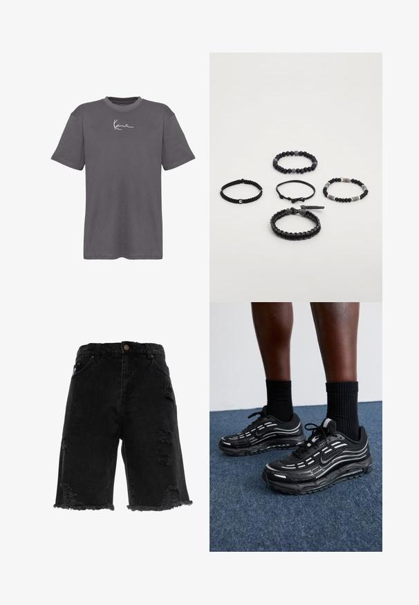 Szara bawełniana koszulka z okrągłym dekoltem, krótkimi rękawami i białym logo na piersi. Gładka struktura i luźny krój.; Czarne szorty dżinsowe z postrzępionym dołem, z wystrzępionymi nacięciami i prostym krojem. Zawierają tradycyjne kieszenie z przodu oraz metalowy guzik.; Czarne buty Nike mają siateczkową cholewkę z akcentującymi paskami, teksturowane sznurowanie i czarną gumową podeszwę. Noszone z czarnymi skarpetkami w prążki.; Pięć czarnych bransoletek w różnych stylach: jedna z koralikami, jedna z akcentami, sploty i regulowane wzory, na białym tle.