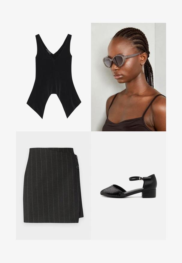 Black sleeveless top with a V-neck, featuring lace detailing at the neckline and a distinctive flared hem design. Made of soft, smooth fabric.; Black pinstripe skirt with a tailored fit, featuring an asymmetrical wrap design and two buttons at the waist for closure.; Black ankle strap shoe with a pointed toe, featuring a textured upper and a low block heel for stability. Material is a mix of soft leather and synthetic fabric.; Gray oversized sunglasses with a rounded shape and dark lenses. Sleek plastic frame with a smooth finish. Model has braided hair.