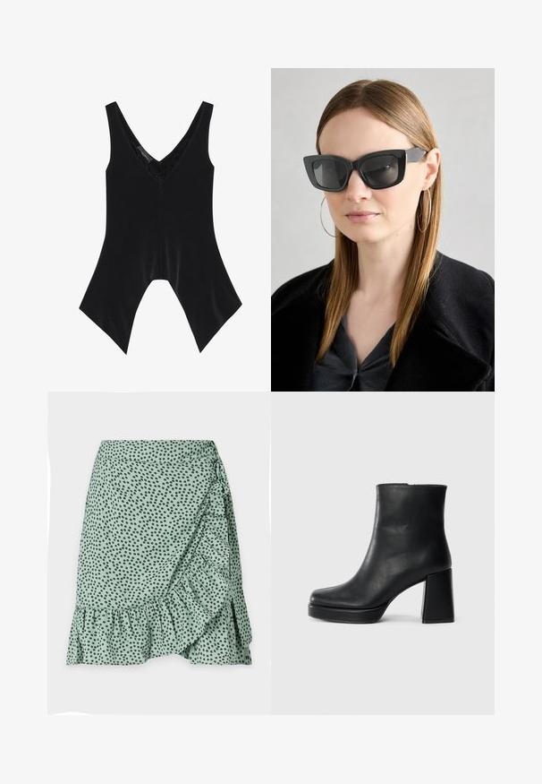 Čierny bezrukávový top s výstrihom do V, so čipkovými detailmi na obojku a charakteristickým volánovým lemovaním. Vyrobený z jemnej, hladkej tkaniny.; Zelená sukňa z látky s čiernym bodkovaným vzorom, volánovým lemom a bočným zavinovacím dizajnom. Hladký povrch a ľahký materiál.; Čierne kožené členkové topánky s blokovým podpätkom a platformovou podrážkou, zobrazené z boku na bielom pozadí.; Čierne mačacie slnečné okuliare s tmavými sklami, hrubými obručami a jemnými detailami. Nosí sa s čiernym kabátom a sivým topom, pričom má dlhé rovné vlasy.