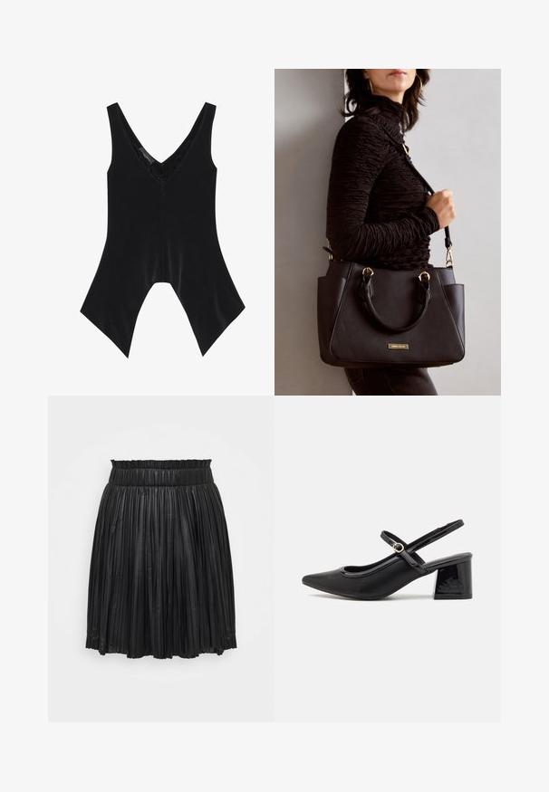 Fekete ujjatlan felső V-nyakkal, csipkebetéttel a nyakvonalon és egyedi, harang alakú szegélydizájnnal. Puha, sima anyagból készült.; Fekete, pliszírozott szoknya műbőrből, rugalmas derékkal, térd térd alá érő hosszúsággal és függőleges redőkkel.; Fekete lakk bőr, pántos magassarkú cipő, hegyes orral, lekerekített kivágással és tömbsarkal. Arany színű csat díszíti.; Fekete kézitáska texturált felülettel, dupla felső fogantyúval és állítható vállpánttal. Arany színű fém kiegészítők és oldalsó zsebek találhatók rajta.