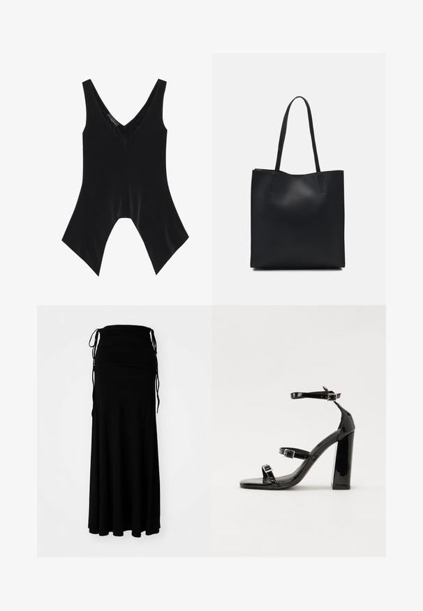 Schwarzes ärmelloses Top mit V-Ausschnitt, das mit Spitze am Ausschnitt und einem markanten, ausgestellten Saumdesign verziert ist. Hergestellt aus weichem, glattem Stoff.; Schwarzes, knöchellanges Kleid aus weichem, elastischem Stoff mit gekräuseltem Oberteil und verstellbaren Bindebändern an den Seiten, die eine fließende Silhouette kreieren.; Schwarze patentierte Sandalen mit Absatz, quadratischer Spitze, Knöchelriemen und silbernen Schnallen. Mit einem stabilen Blockabsatz für mehr Stabilität.; Schwarze Laptoptasche aus Leder mit glatter Textur, rechteckiger Form und zwei langen Griffen. Keine sichtbaren Beschläge oder Verzierungen.