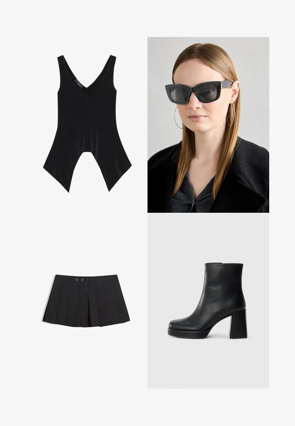 Čierny bezrukávový top s výstrihom do V, so čipkovými detailmi na obojku a charakteristickým volánovým lemovaním. Vyrobený z jemnej, hladkej tkaniny.; Čierna plisovaná sukňa vyrobená z tkaniny, s dvoma prednými gombíkmi, zipsom a rovnou spodnou líniou.; Čierne kožené členkové topánky s blokovým podpätkom a platformovou podrážkou, zobrazené z boku na bielom pozadí.; Čierne mačacie slnečné okuliare s tmavými sklami, hrubými obručami a jemnými detailami. Nosí sa s čiernym kabátom a sivým topom, pričom má dlhé rovné vlasy.