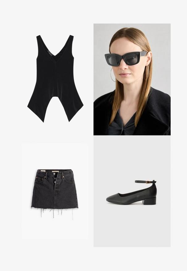 Juodas be rankovių viršus su V formos iškirpte, su nėrinių detalėmis iškirptėje ir išskirtiniu platėjimu apačioje. Pagamintas iš švelnios, lygaus audinio.; Juodas džinsinis sijonas su nusitrynusiais kraštais, priekyje su sagų uždarymu ir dviem šoninėmis kišenėmis. Yra vario spalvos detalės ir prigludęs siluetas.; Juodas odinis aukštakulnis batelis su smailiu pirštu ir žemu bloku. Su kulkšnies dirželiu su auksinės spalvos sagtimi. Lygus paviršius.; Juodos katės akies saulės akiniai su tamsiais objektyvais, storo rėmo ir subtiliais akcentais. Dėvimi su juodu paltu ir pilku viršumi, turinčiu ilgus tiesius plaukus.