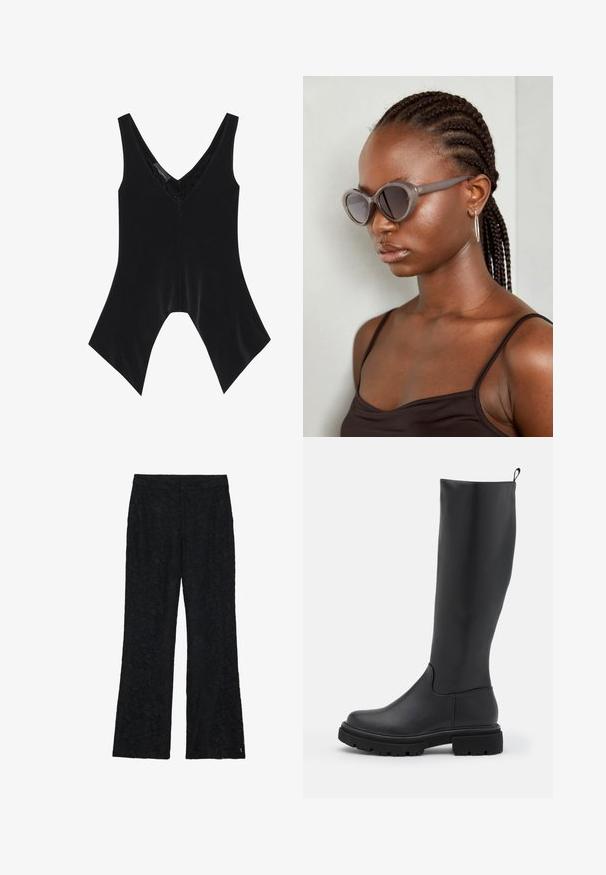 Mustamata varrukateta särk V-kaelusega, millel on pitsdetail kaeluses ja eristuv flare-disain alläär. Valmistatud pehmest ja sujuvast kangast.; Musthave mustripsid mustripslatsiga mustripsrikkaga, millel on lilleline muster kogu kanga ulatuses. Sile tekstuur ja sobitatud vöökoht.; Must have kõrguseni must saapad, mis on valmistatud siledast, mattmaterjalist, suurepärase tallaga, ümmarguse ninaga ja peal asuva tõmbluku jaoks, et neid oleks lihtne jalga tõmmata.; Hallid ova päikeseprillid ümmarguse kujuga ja tumedate läätsega. Sujuva viimistlusega läikiv plastraam. Mudelil on põimitud juuksed.