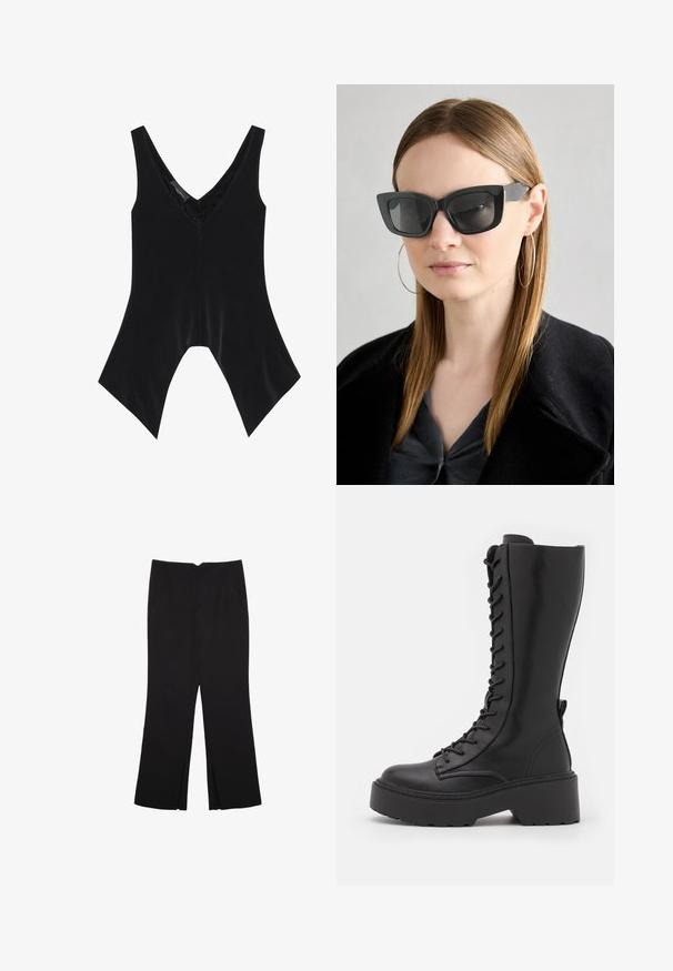 Sort ærmeløs top med V-hals, der har blonder detaljer ved halsudskæringen og et karakteristisk flared kantdesign. Fremstillet af blødt, glat stof.; Sorte bukser med lige pasform, der har frontlommer og slidser i kanten. Lavet af blødt, glat stof. Velegnet til forskellige anledninger.; Sorte knæhøje snørestøvler med en chunky platformsål, glat læderfinish og forstærket syning langs sømmene.; Sorte katteøje solbriller med mørke linser, tykke rammer og subtile detaljer. Båret med en sort frakke og en grå bluse, med langt, glat hår.; Sort patenteret læder håndtaske med en buet form, en skulderrem, frontlommer og hardware accenter i sølvfarve.