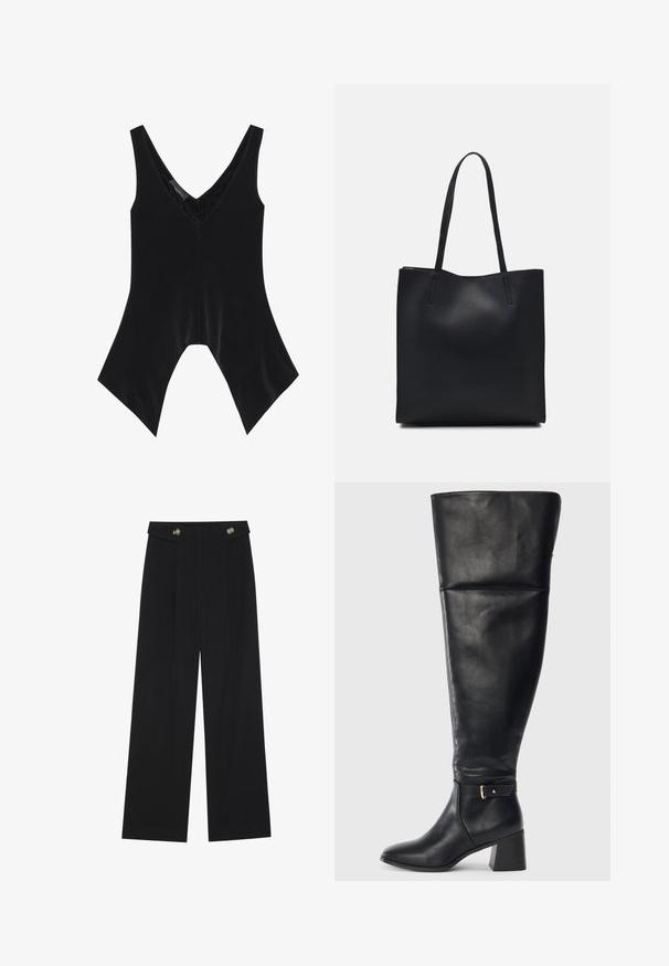 Black sleeveless top with a V-neck, featuring lace detailing at the neckline and a distinctive flared hem design. Made of soft, smooth fabric.; Black wide-leg trousers with high waist, button details on waistband, and front pleats.; Black knee-high leather boot with block heel and decorative strap with gold buckle above the ankle, side view on white background.; Black leather tote bag with smooth texture, rectangular shape, and two long handles. No visible hardware or embellishments.