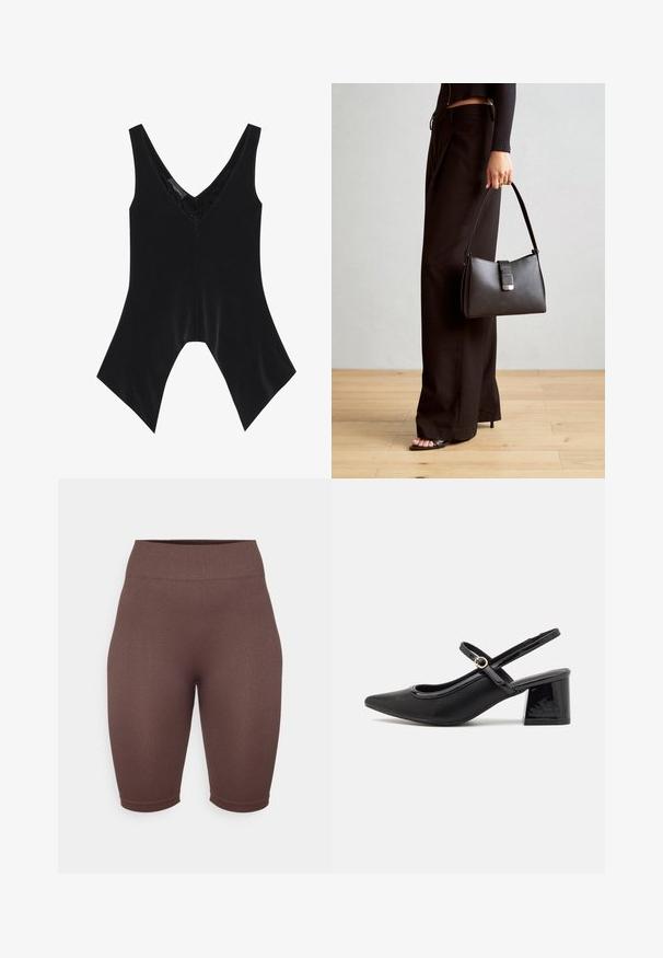 Black sleeveless top with a V-neck, featuring lace detailing at the neckline and a distinctive flared hem design. Made of soft, smooth fabric.; Brown ribbed bike shorts with a high waistband, made from stretchy material, featuring a smooth texture and a fitted shape.; Black patent leather slingback heels with a pointed toe, a rounded cutout design, and a block heel. Features a gold-tone buckle accent.; Black handbag with structured shape, smooth texture, and a metallic clasp. Paired with wide black pants and open-toe sandals on wooden floor.